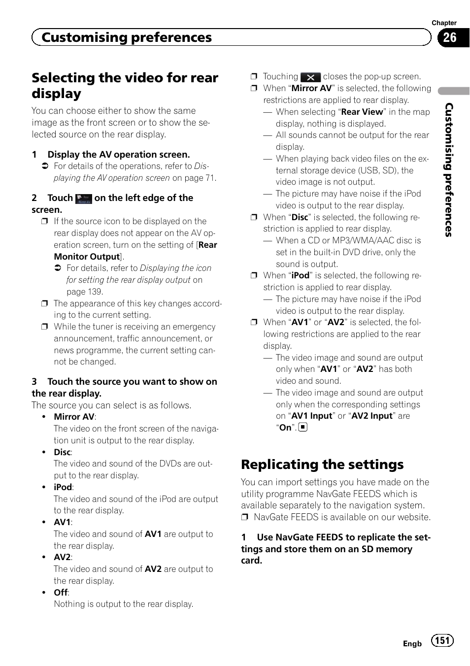 Selecting the video for rear display, Replicating the settings, Selecting the video for | Select, Customising preferences | Pioneer AVIC-F950BT User Manual | Page 151 / 200