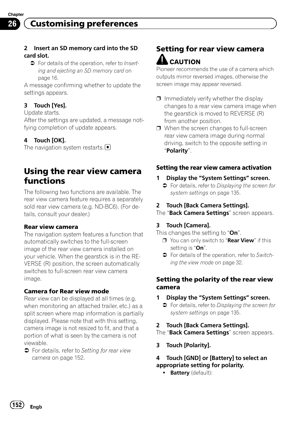 Using the rear view camera functions, Setting for rear view camera 152, Setting for rear view | 26 customising preferences, Setting for rear view camera | Pioneer AVIC-F950BT User Manual | Page 152 / 200