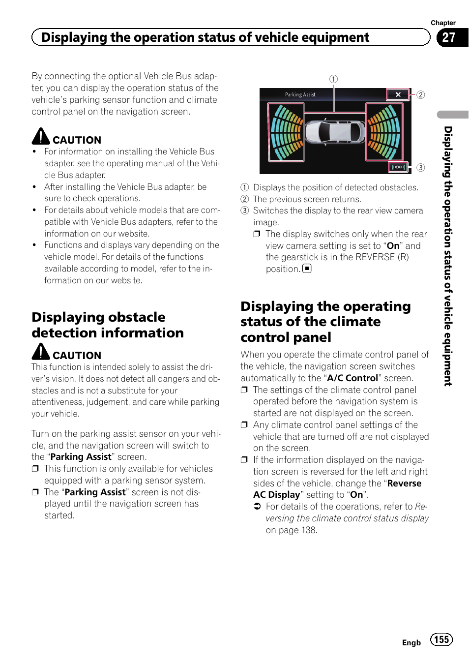 Information, Displaying the operating status of the climate, Control panel | Displaying obstacle detection information | Pioneer AVIC-F950BT User Manual | Page 155 / 200