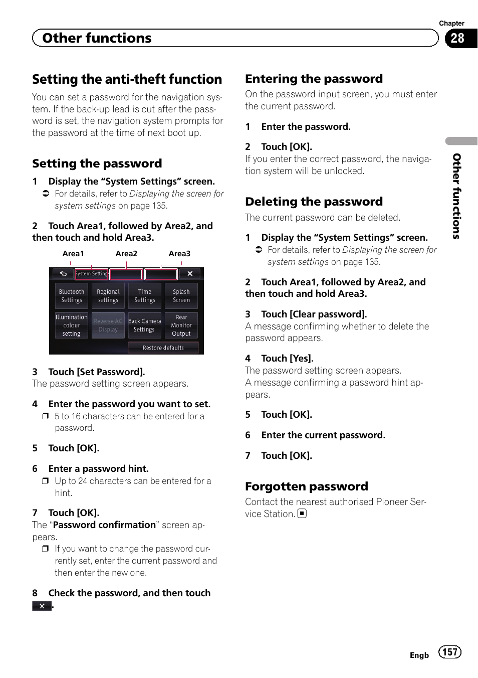 Other functions setting the anti-theft function, Setting the password 157, Entering the password 157 | Deleting the password 157, Forgotten password 157, Setting the anti-theft function, Other functions, Setting the password, Entering the password, Deleting the password | Pioneer AVIC-F950BT User Manual | Page 157 / 200