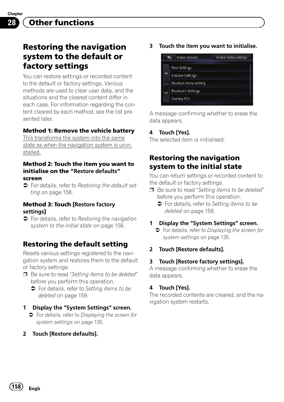 Restoring the navigation system to the, Default or factory settings, Restoring the default setting 158 | Initial state, 28 other functions, Restoring the default setting | Pioneer AVIC-F950BT User Manual | Page 158 / 200