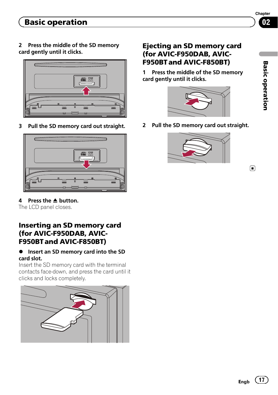 Inserting an sd memory card (for avic, F950dab, avic-f950bt and avic- f850bt), Ejecting an sd memory card (for avic | Basic operation | Pioneer AVIC-F950BT User Manual | Page 17 / 200