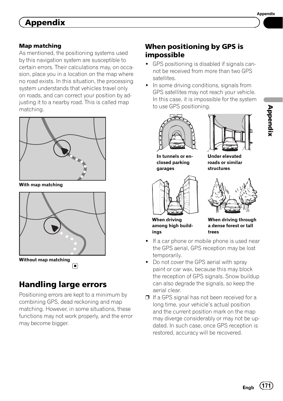 Handling large errors, When positioning by gps is, Impossible | Appendix, When positioning by gps is impossible | Pioneer AVIC-F950BT User Manual | Page 171 / 200