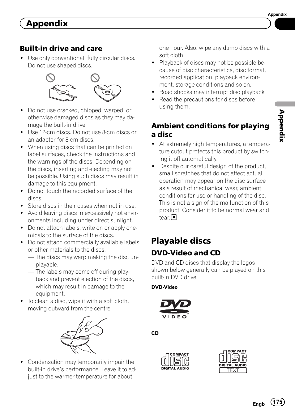 Built-in drive and care 175, Ambient conditions for playing a, Disc | Playable discs, Dvd-video and cd 175, Appendix, Built-in drive and care, Ambient conditions for playing a disc, Dvd-video and cd | Pioneer AVIC-F950BT User Manual | Page 175 / 200