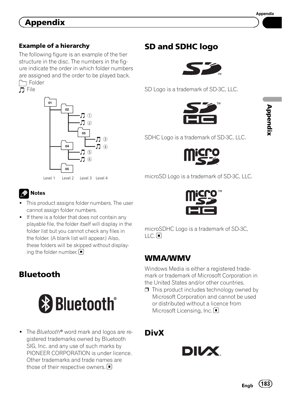 Bluetooth, Sd and sdhc logo, Wma/wmv | Divx, Appendix | Pioneer AVIC-F950BT User Manual | Page 183 / 200