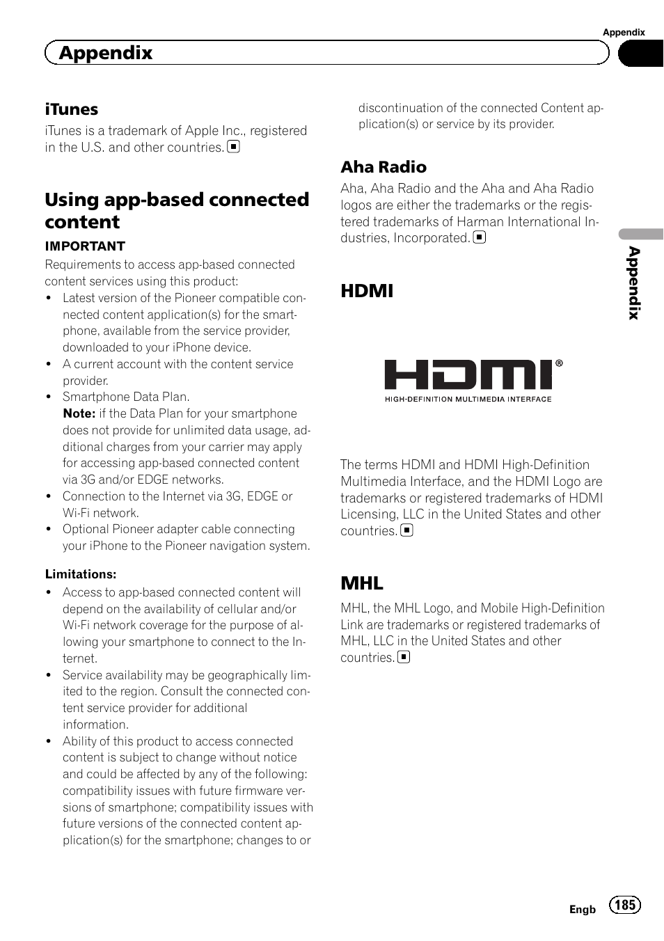 Itunes 185, Using app-based connected content, Aha radio 185 | Hdmi, Using app-based connected, Content, Using app-based con, Appendix, Itunes, Aha radio | Pioneer AVIC-F950BT User Manual | Page 185 / 200