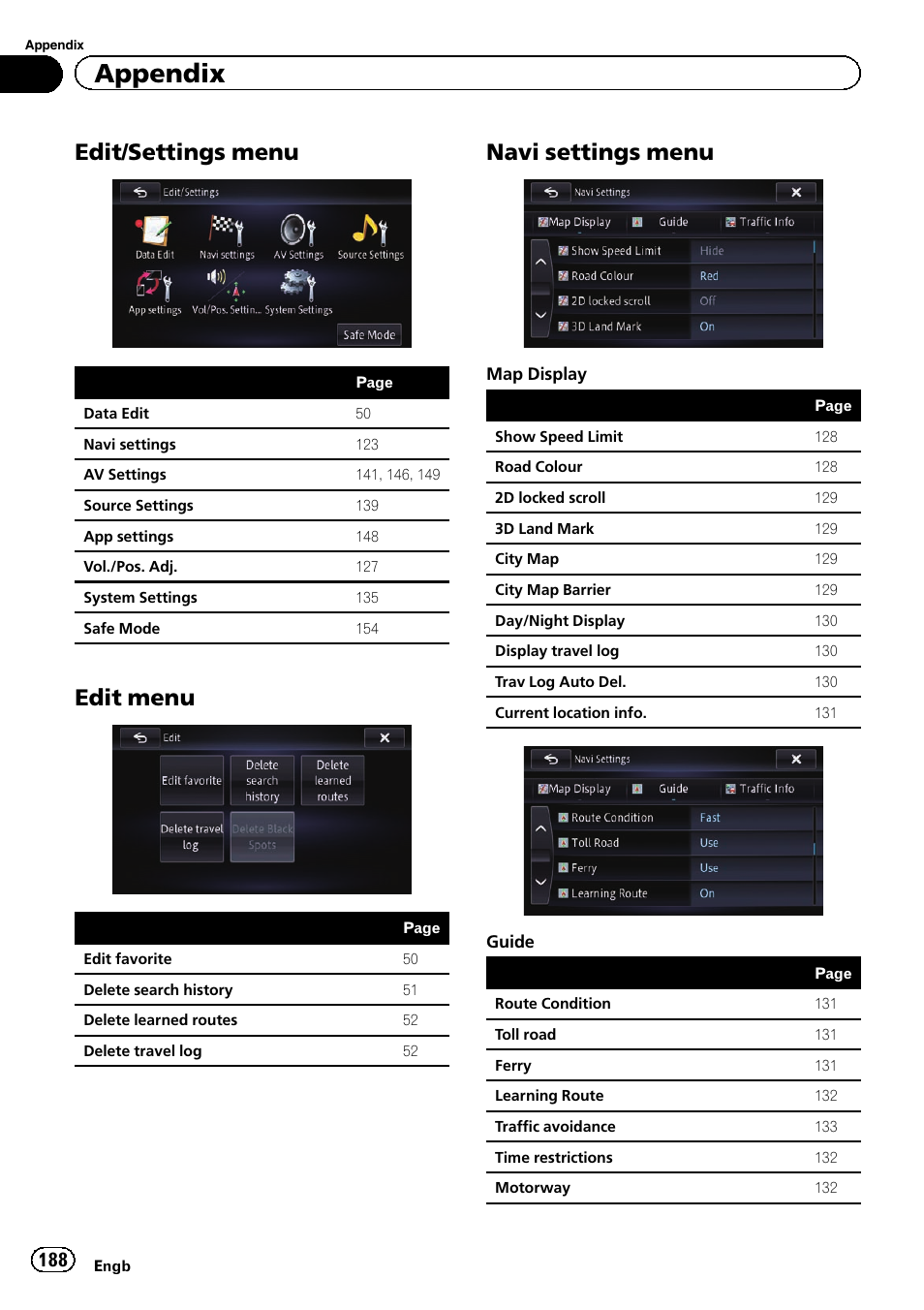 Edit/settings menu 188, Edit menu 188, Navi settings menu 188 | Appendix, Edit/settings menu, Edit menu, Navi settings menu | Pioneer AVIC-F950BT User Manual | Page 188 / 200