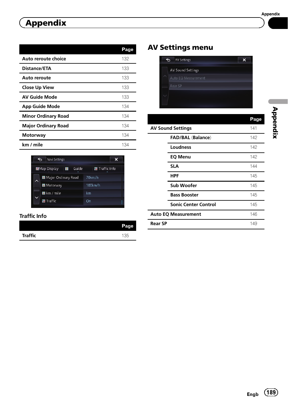 Av settings menu 189, Av settings menu, Appendix | Pioneer AVIC-F950BT User Manual | Page 189 / 200