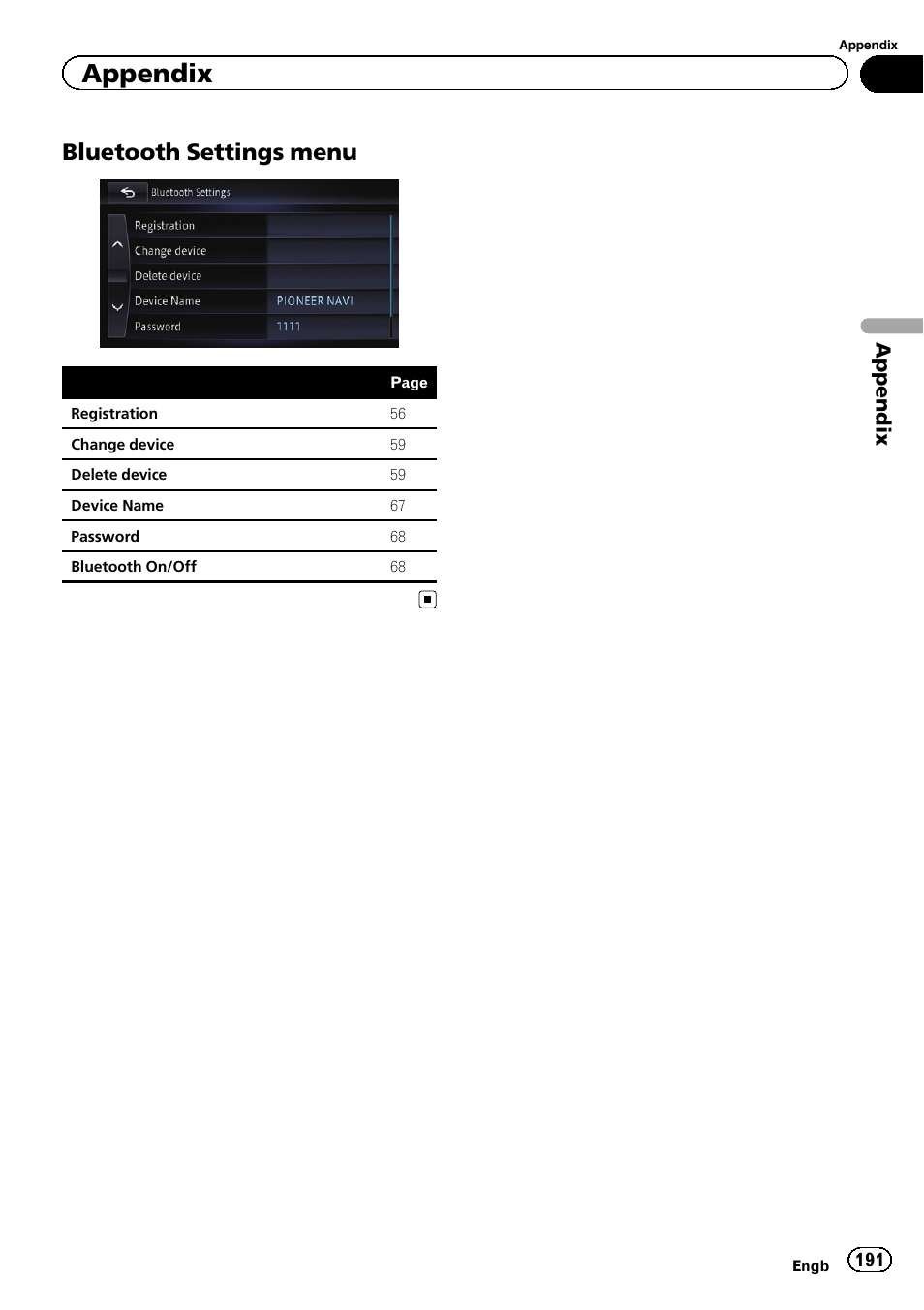 Bluetooth settings menu 191, Bluetooth settings menu, Appendix | Pioneer AVIC-F950BT User Manual | Page 191 / 200