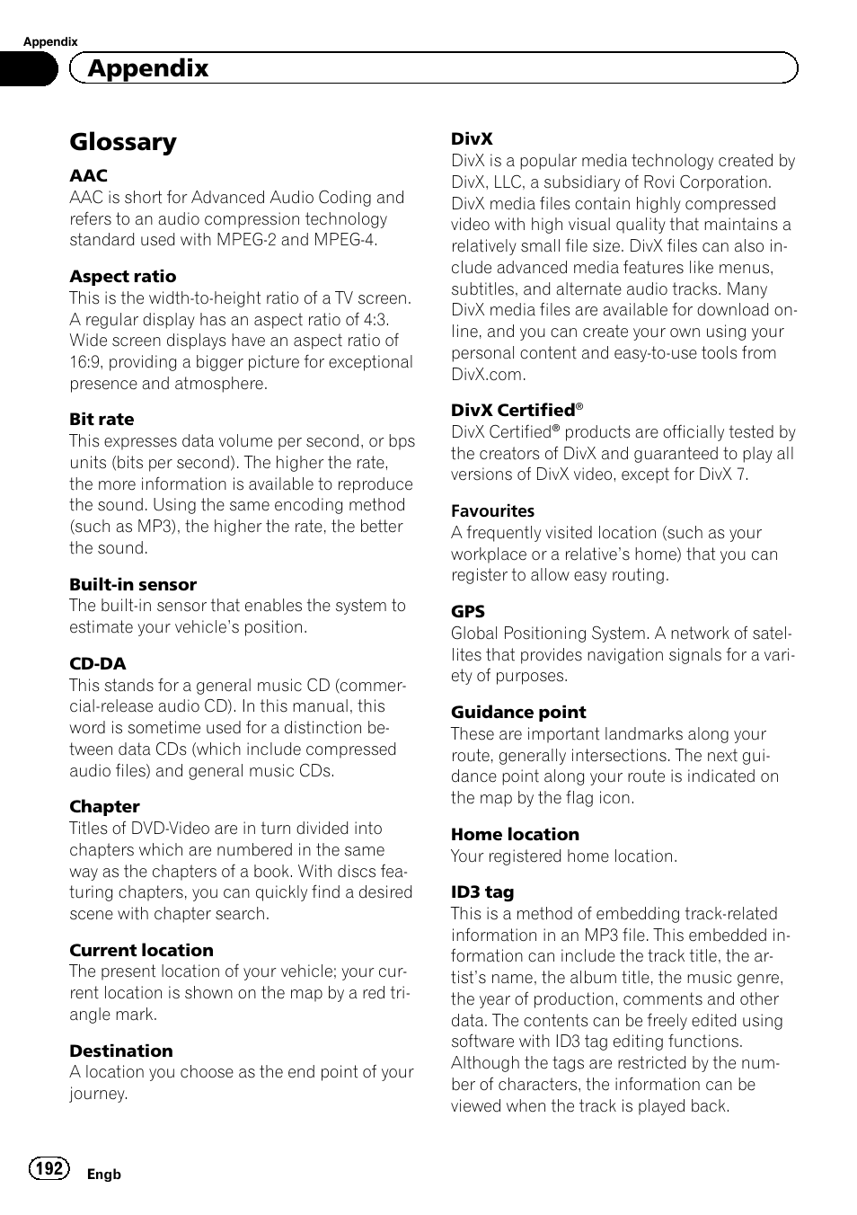 Glossary, Appendix | Pioneer AVIC-F950BT User Manual | Page 192 / 200