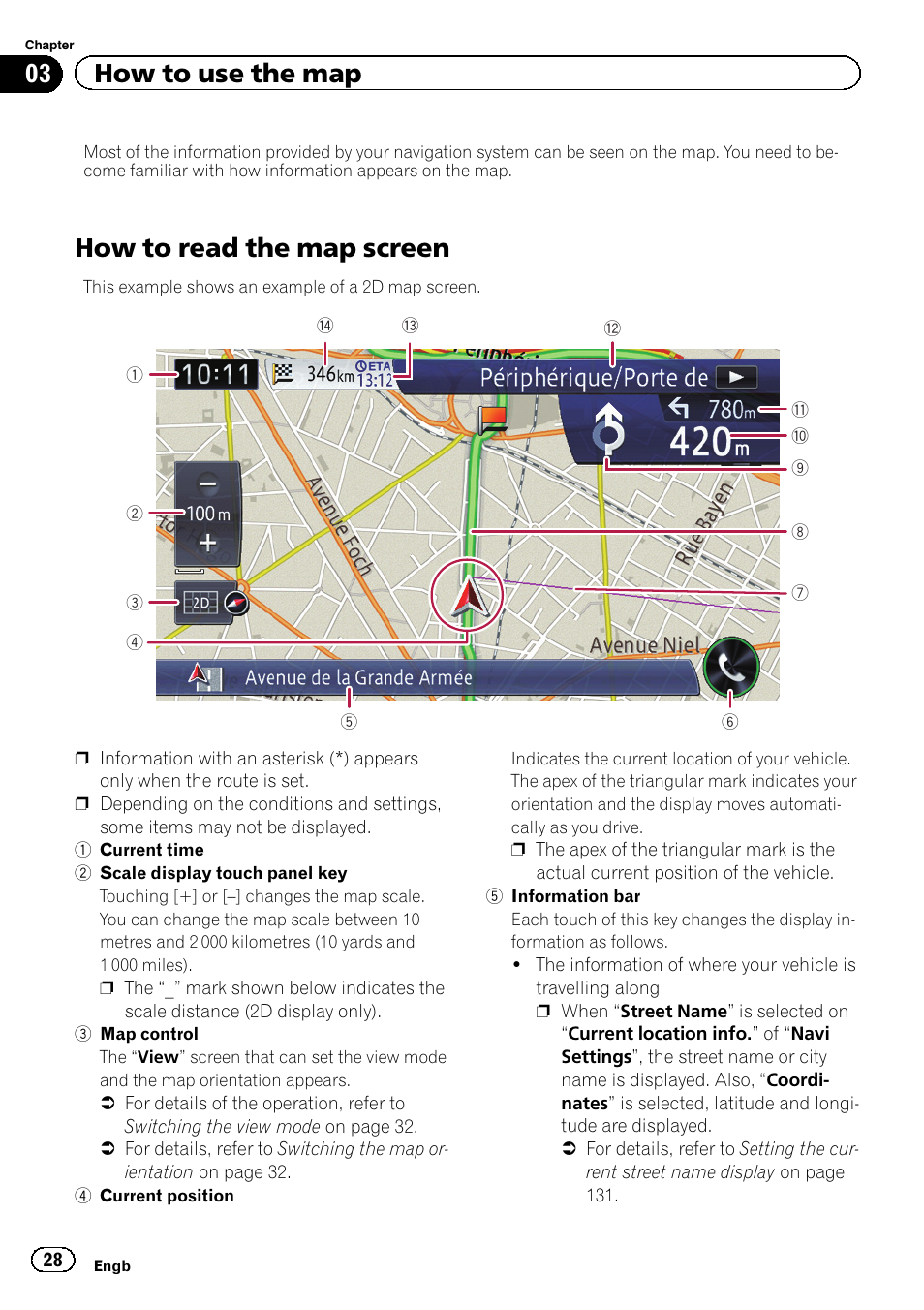 How to use the map how to read the map screen, How to read the map screen, 03 how to use the map | Pioneer AVIC-F950BT User Manual | Page 28 / 200