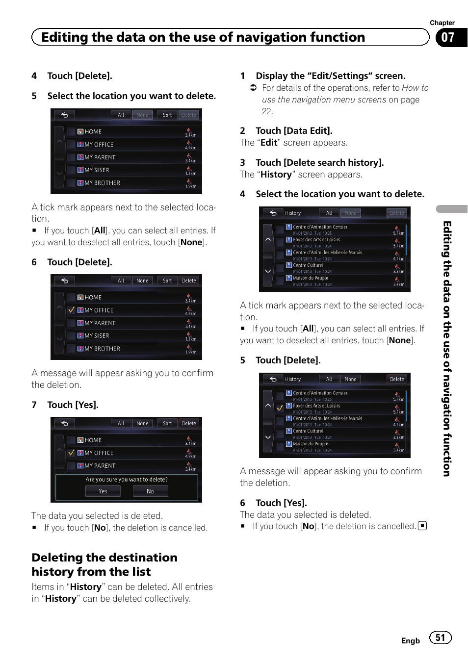 Deleting the destination history from, The list, Editing the data on the use of navigation function | Deleting the destination history from the list | Pioneer AVIC-F950BT User Manual | Page 51 / 200