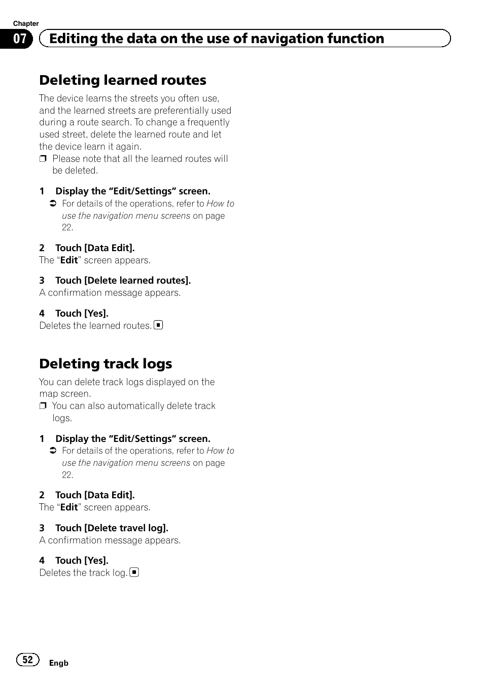 Deleting learned routes, Deleting track logs | Pioneer AVIC-F950BT User Manual | Page 52 / 200