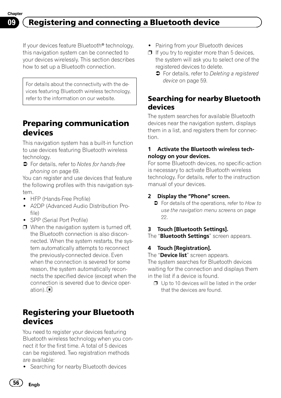 Registering your bluetooth devices, Searching for nearby bluetooth, Devices | Preparing communication devices, 09 registering and connecting a bluetooth device, Searching for nearby bluetooth devices | Pioneer AVIC-F950BT User Manual | Page 56 / 200