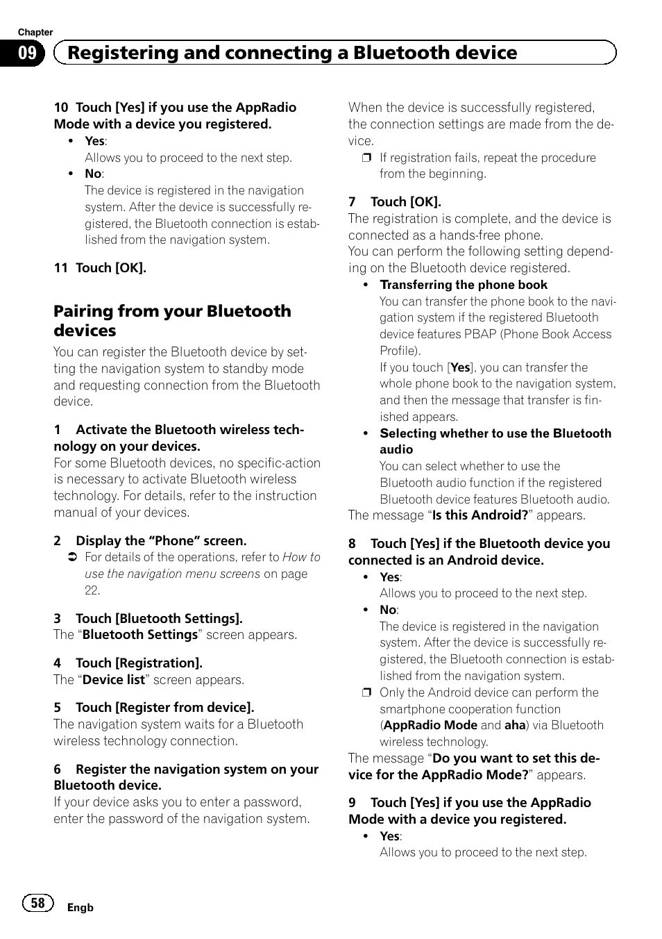 Pairing from your bluetooth, Devices, 09 registering and connecting a bluetooth device | Pairing from your bluetooth devices | Pioneer AVIC-F950BT User Manual | Page 58 / 200