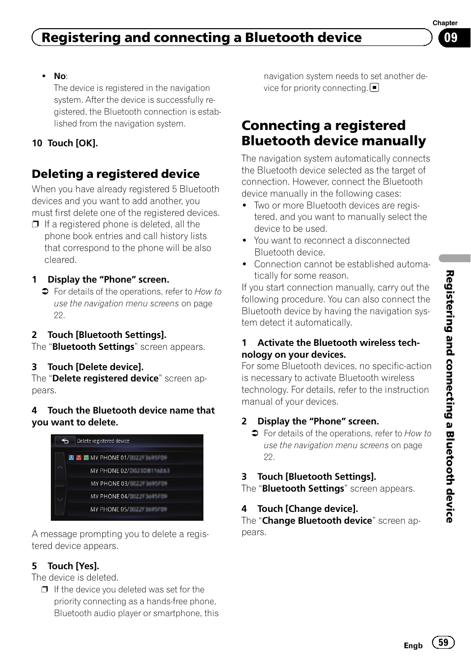 Deleting a registered device 59, Connecting a registered bluetooth device, Manually | Deleting a registered, Connecting a registered bluetooth device manually, Registering and connecting a bluetooth device, Deleting a registered device | Pioneer AVIC-F950BT User Manual | Page 59 / 200