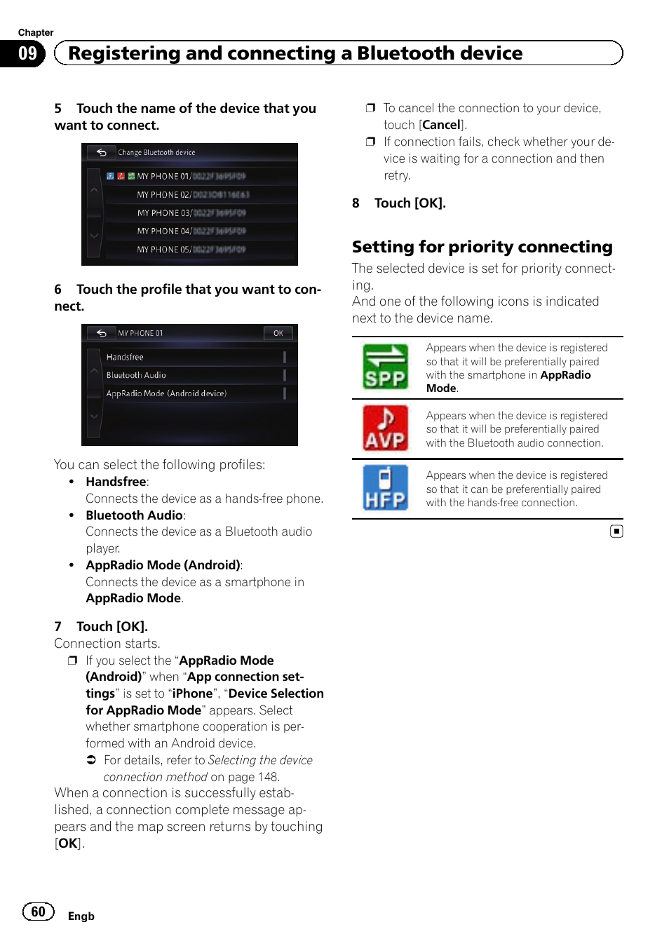 Setting for priority connecting 60, 09 registering and connecting a bluetooth device, Setting for priority connecting | Pioneer AVIC-F950BT User Manual | Page 60 / 200