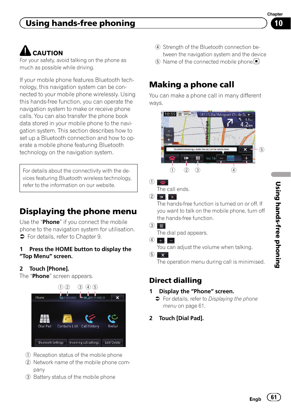 Using hands-free phoning displaying the phone menu, Making a phone call, Direct dialling 61 | Displaying the phone, Displaying the phone menu, Using hands-free phoning, Direct dialling | Pioneer AVIC-F950BT User Manual | Page 61 / 200