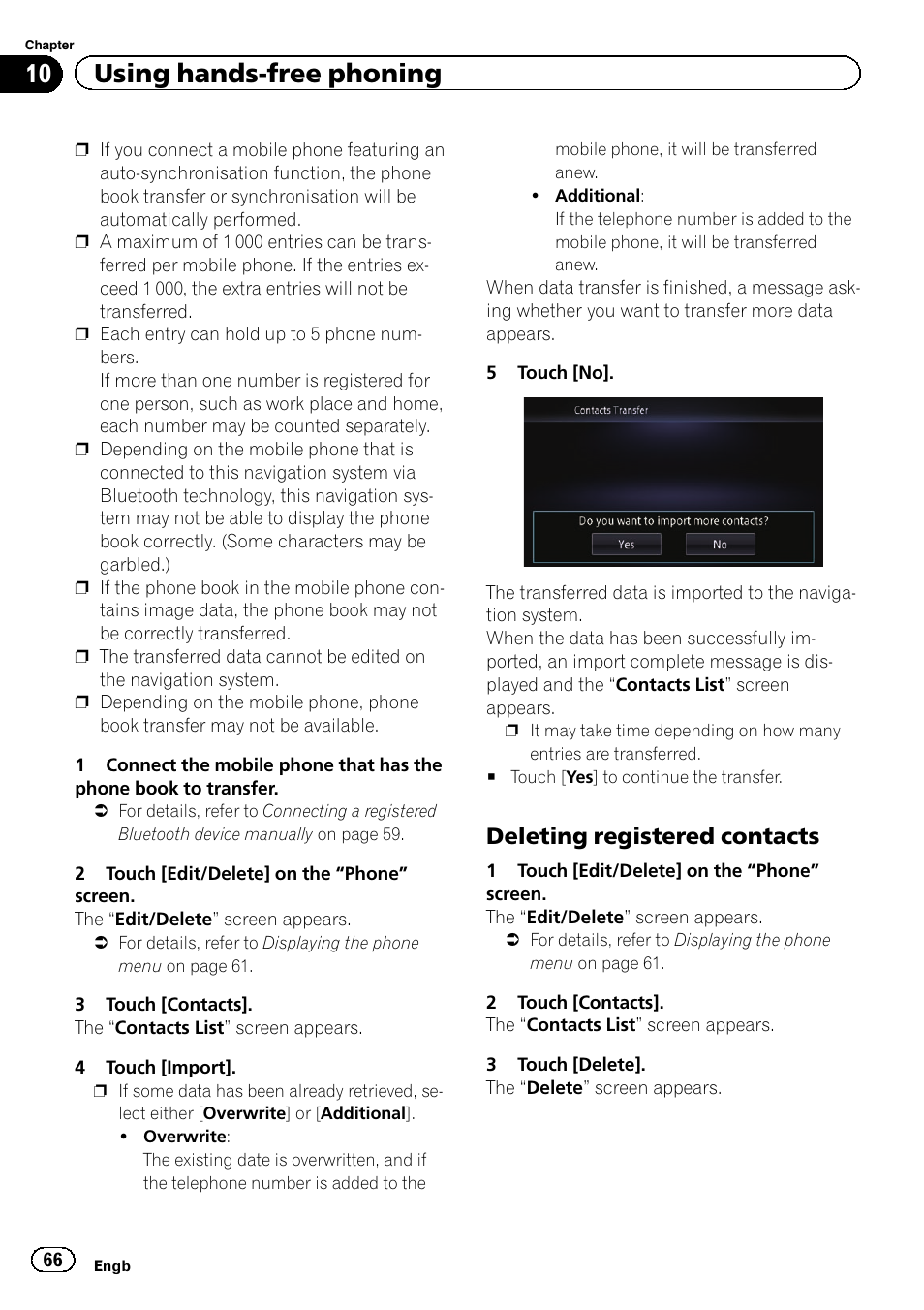 Deleting registered contacts 66, 10 using hands-free phoning, Deleting registered contacts | Pioneer AVIC-F950BT User Manual | Page 66 / 200