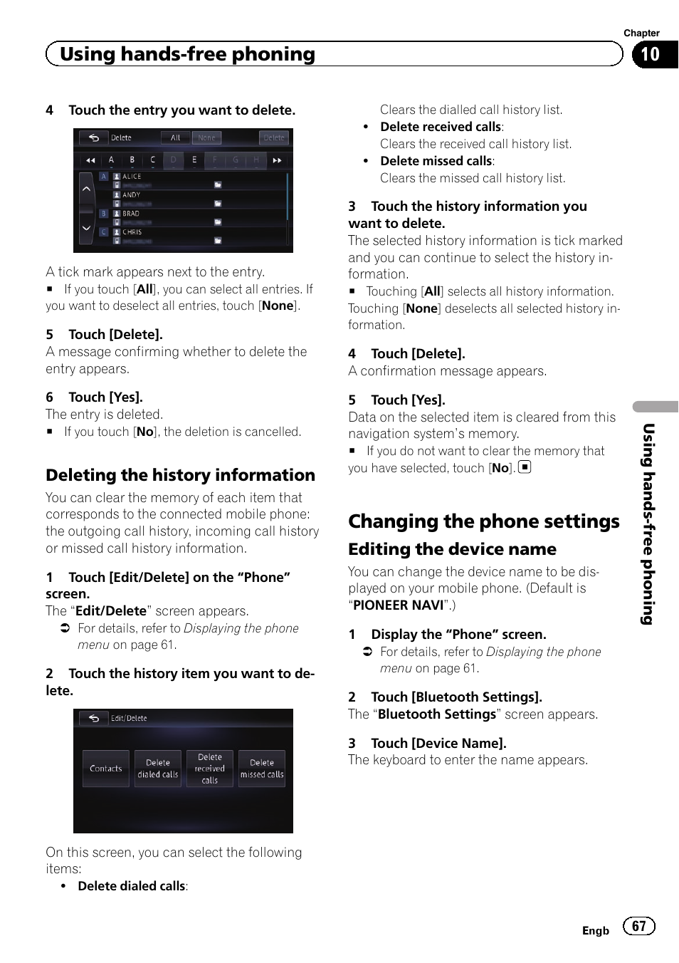 Deleting the history information 67, Changing the phone settings, Editing the device name 67 | Using hands-free phoning, Deleting the history information, Editing the device name | Pioneer AVIC-F950BT User Manual | Page 67 / 200