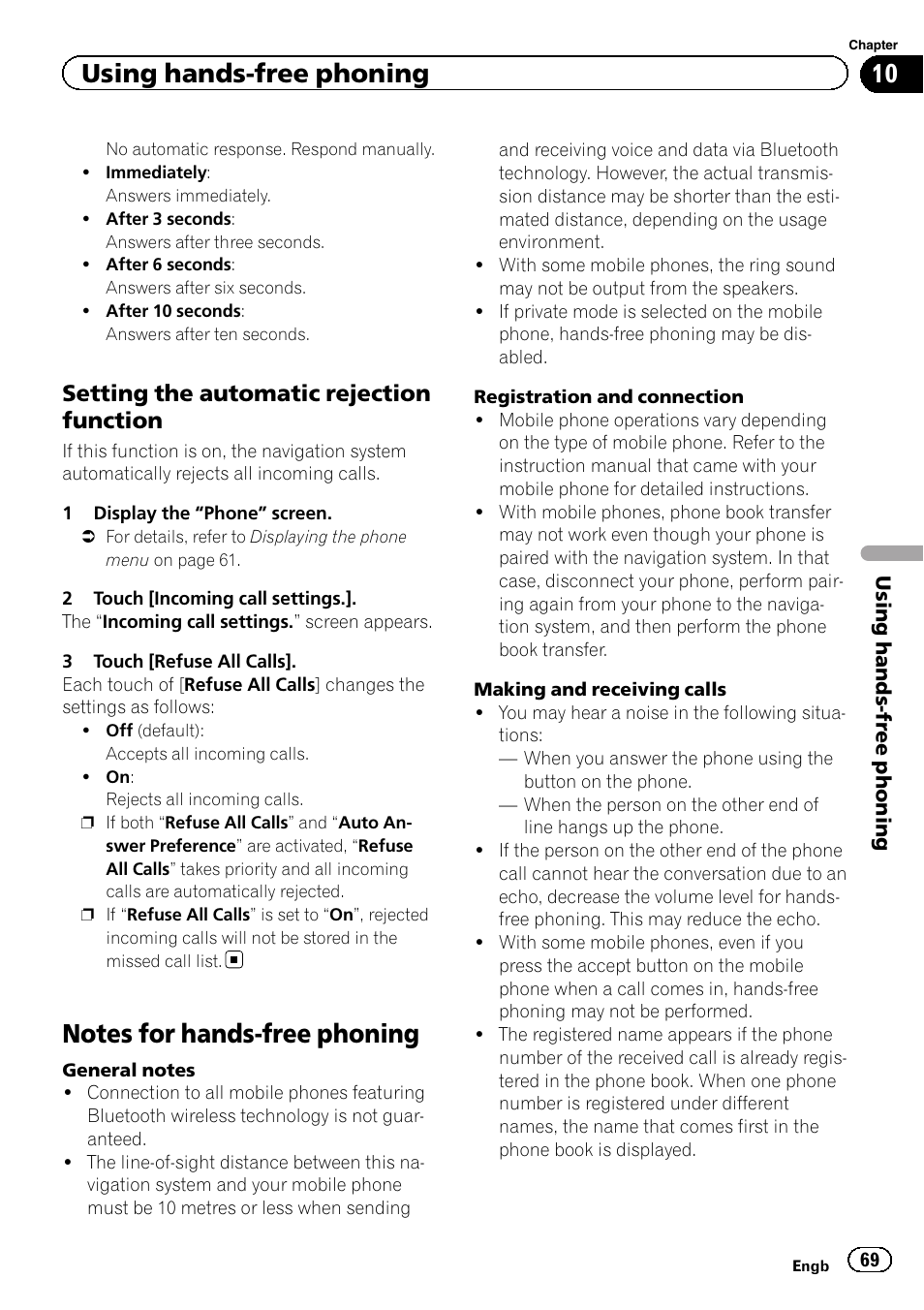 Setting the automatic rejection, Function, Notes for hands-free phoning | Notes for hands-free, Using hands-free phoning, Setting the automatic rejection function | Pioneer AVIC-F950BT User Manual | Page 69 / 200