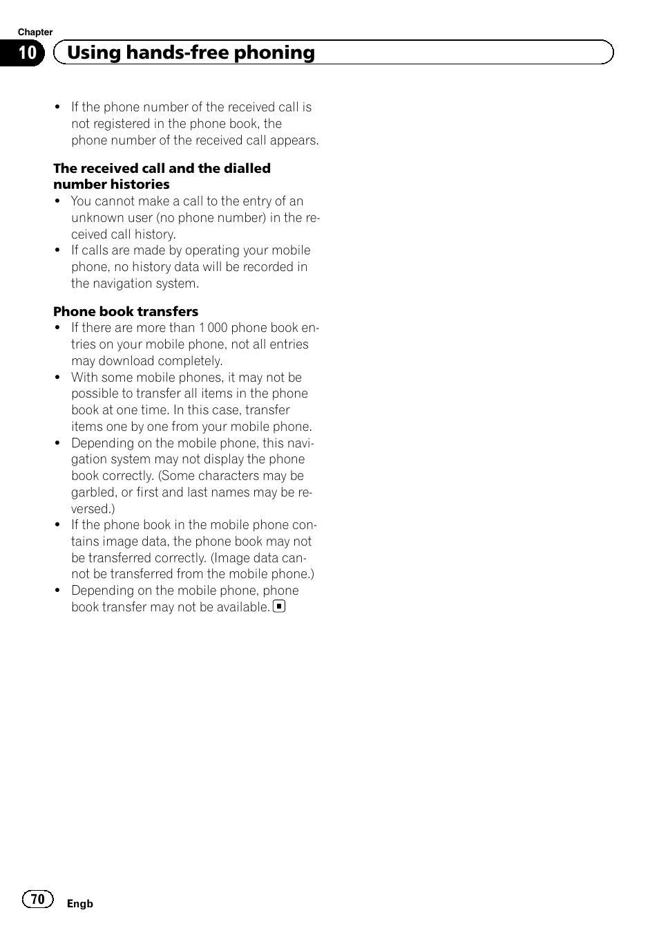 10 using hands-free phoning | Pioneer AVIC-F950BT User Manual | Page 70 / 200