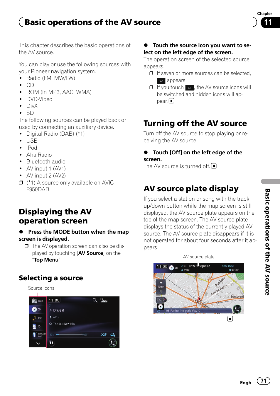 Selecting a source 71, Turning off the av source, Av source plate display | Displaying the av operation screen, Basic operations of the av source | Pioneer AVIC-F950BT User Manual | Page 71 / 200