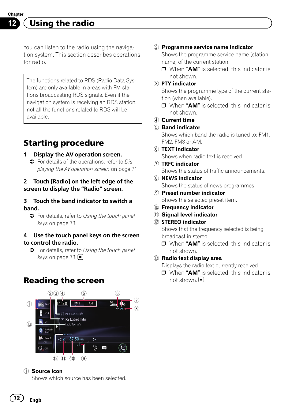 Using the radio starting procedure, Reading the screen, Starting procedure | 12 using the radio | Pioneer AVIC-F950BT User Manual | Page 72 / 200