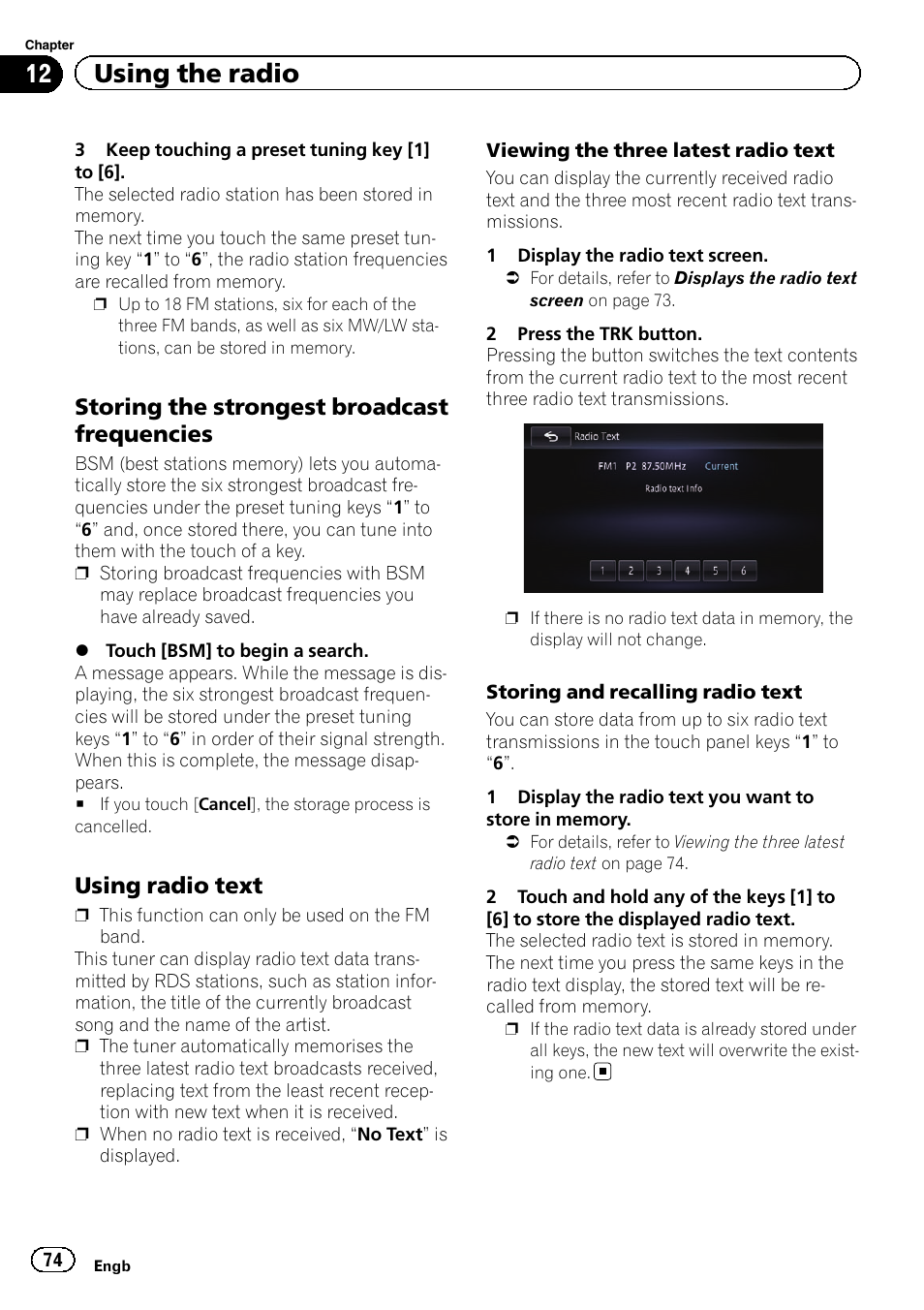 Storing the strongest broadcast, Frequencies, Using radio text 74 | Using radio text on, Storing the strongest, 12 using the radio, Storing the strongest broadcast frequencies, Using radio text | Pioneer AVIC-F950BT User Manual | Page 74 / 200