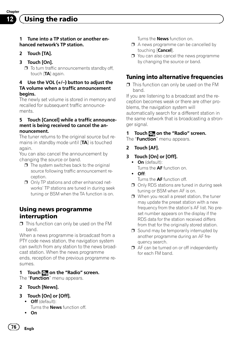 Using news programme, Interruption, Tuning into alternative frequencies 76 | 12 using the radio, Using news programme interruption, Tuning into alternative frequencies | Pioneer AVIC-F950BT User Manual | Page 76 / 200