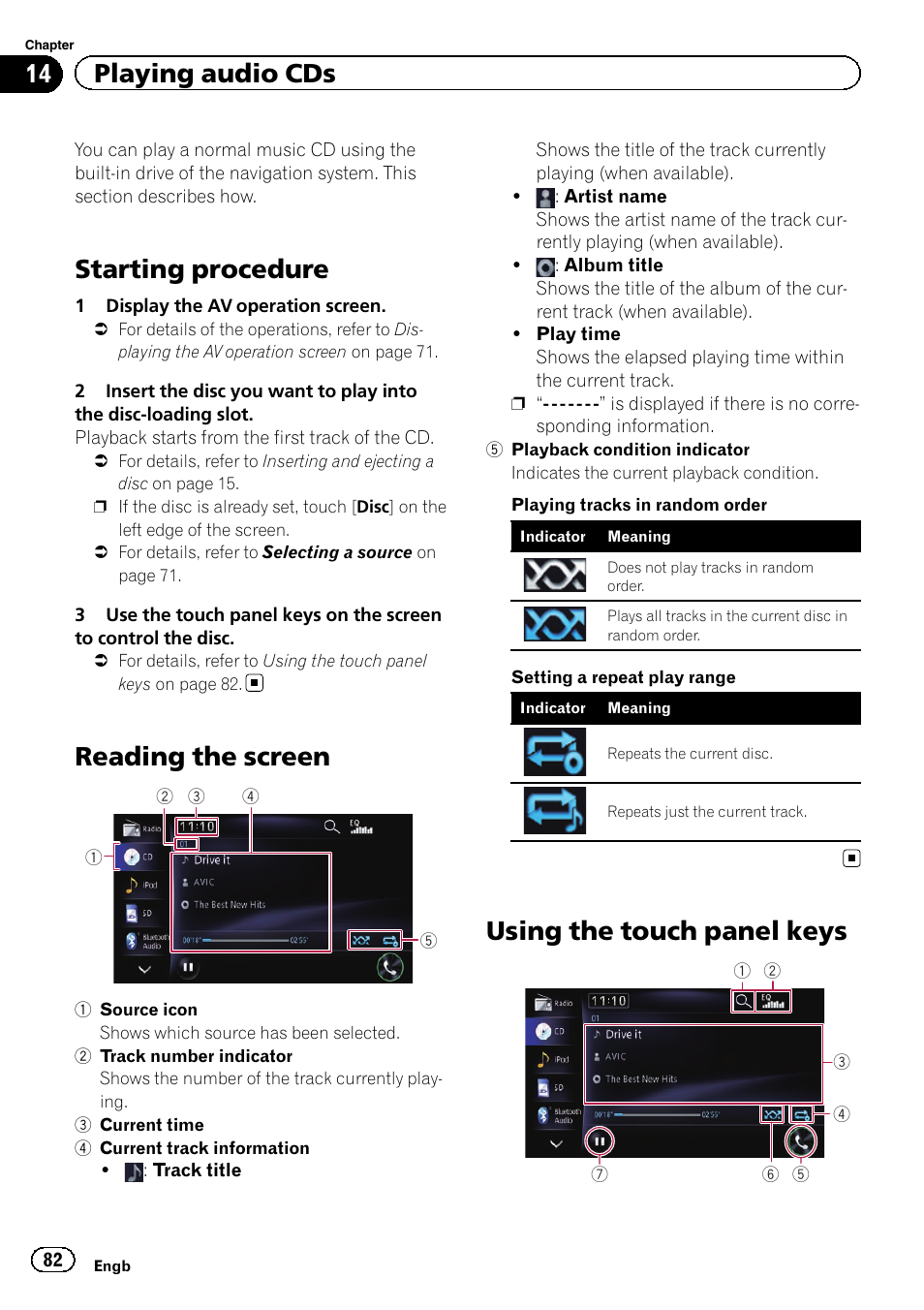 Playing audio cds starting procedure, Reading the screen, Using the touch panel keys | Starting procedure, 14 playing audio cds | Pioneer AVIC-F950BT User Manual | Page 82 / 200