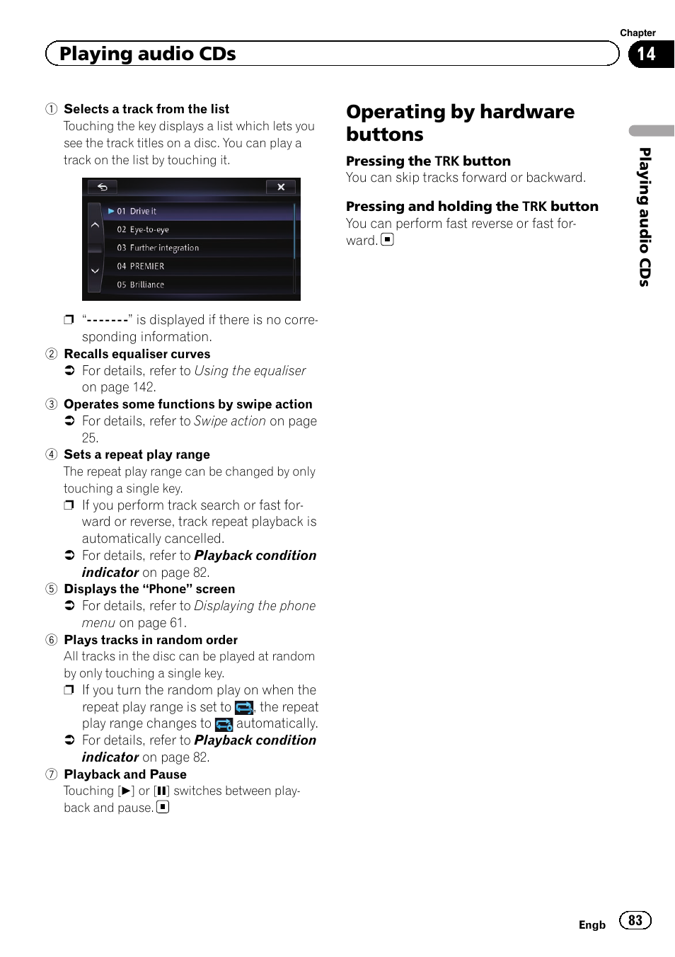 Operating by hardware buttons, Playing audio cds | Pioneer AVIC-F950BT User Manual | Page 83 / 200