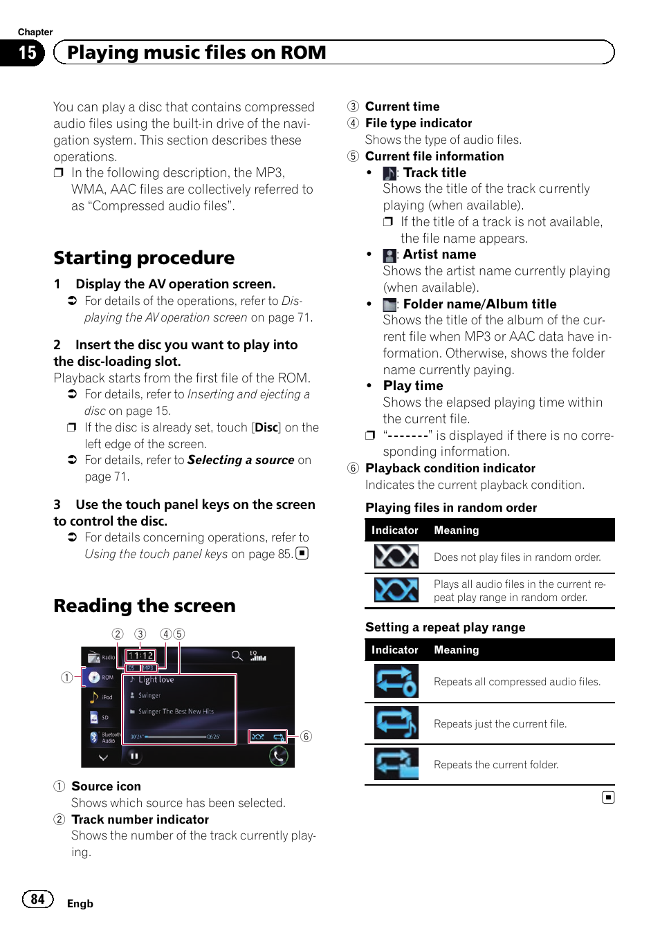 Playing music files on rom starting procedure, Reading the screen, Starting procedure | 15 playing music files on rom | Pioneer AVIC-F950BT User Manual | Page 84 / 200