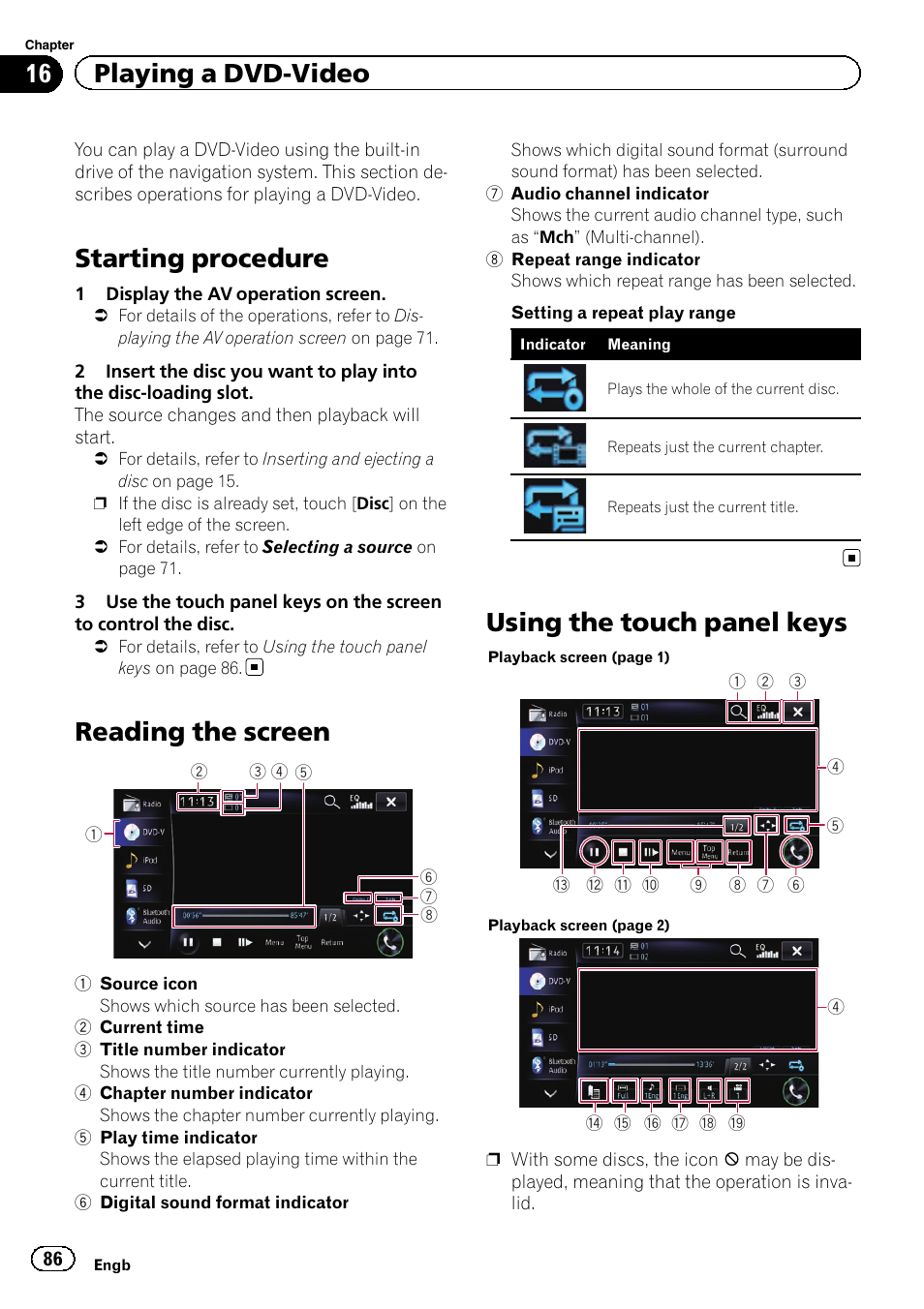 Playing a dvd-video starting procedure, Reading the screen, Using the touch panel keys | Starting procedure, 16 playing a dvd-video | Pioneer AVIC-F950BT User Manual | Page 86 / 200