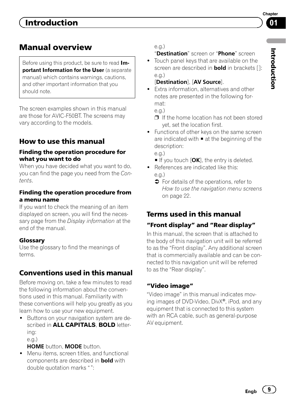 Introduction manual overview, How to use this manual 9, Conventions used in this manual 9 | Terms used in this manual 9, Manual overview, Introduction, How to use this manual, Conventions used in this manual, Terms used in this manual | Pioneer AVIC-F950BT User Manual | Page 9 / 200