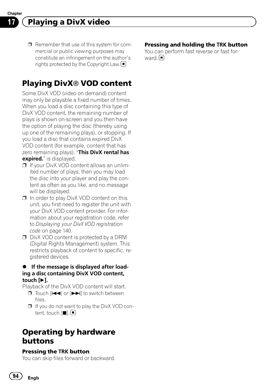 Playing divx, Vod content, Operating by hardware buttons | 17 playing a divx video | Pioneer AVIC-F950BT User Manual | Page 94 / 200