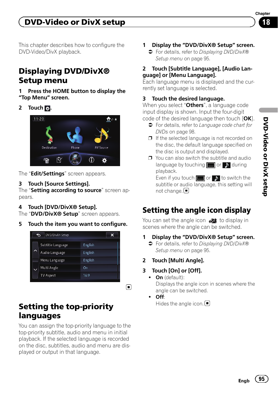 Setting the top-priority languages, Setting the angle icon display, Setting the top-prior | Displaying dvd/divx® setup menu, Dvd-video or divx setup | Pioneer AVIC-F950BT User Manual | Page 95 / 200