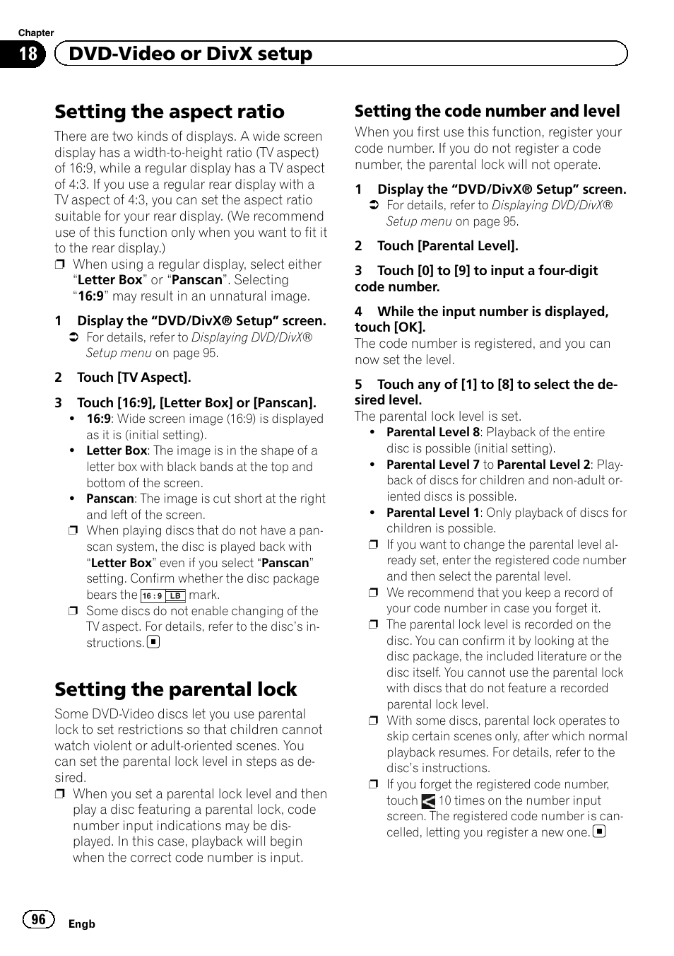 Setting the aspect ratio, Setting the parental lock, Setting the code number and level 96 | 18 dvd-video or divx setup, Setting the code number and level | Pioneer AVIC-F950BT User Manual | Page 96 / 200