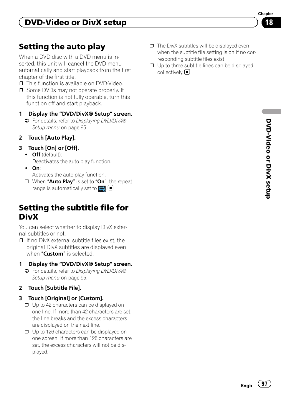 Setting the auto play, Setting the subtitle file for divx, Dvd-video or divx setup | Pioneer AVIC-F950BT User Manual | Page 97 / 200