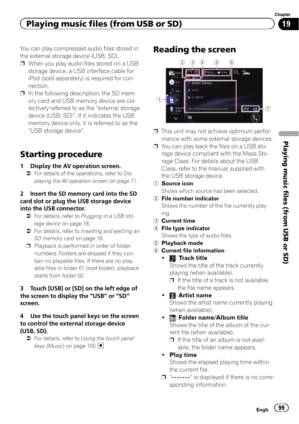 Reading the screen, Starting procedure, Playing music files (from usb or sd) | Pioneer AVIC-F950BT User Manual | Page 99 / 200