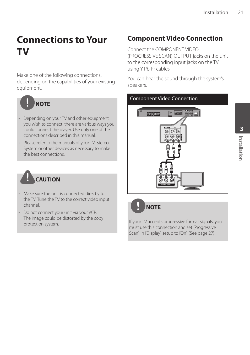 Connections to your tv, Component video connection | Pioneer DCS-404K User Manual | Page 21 / 48