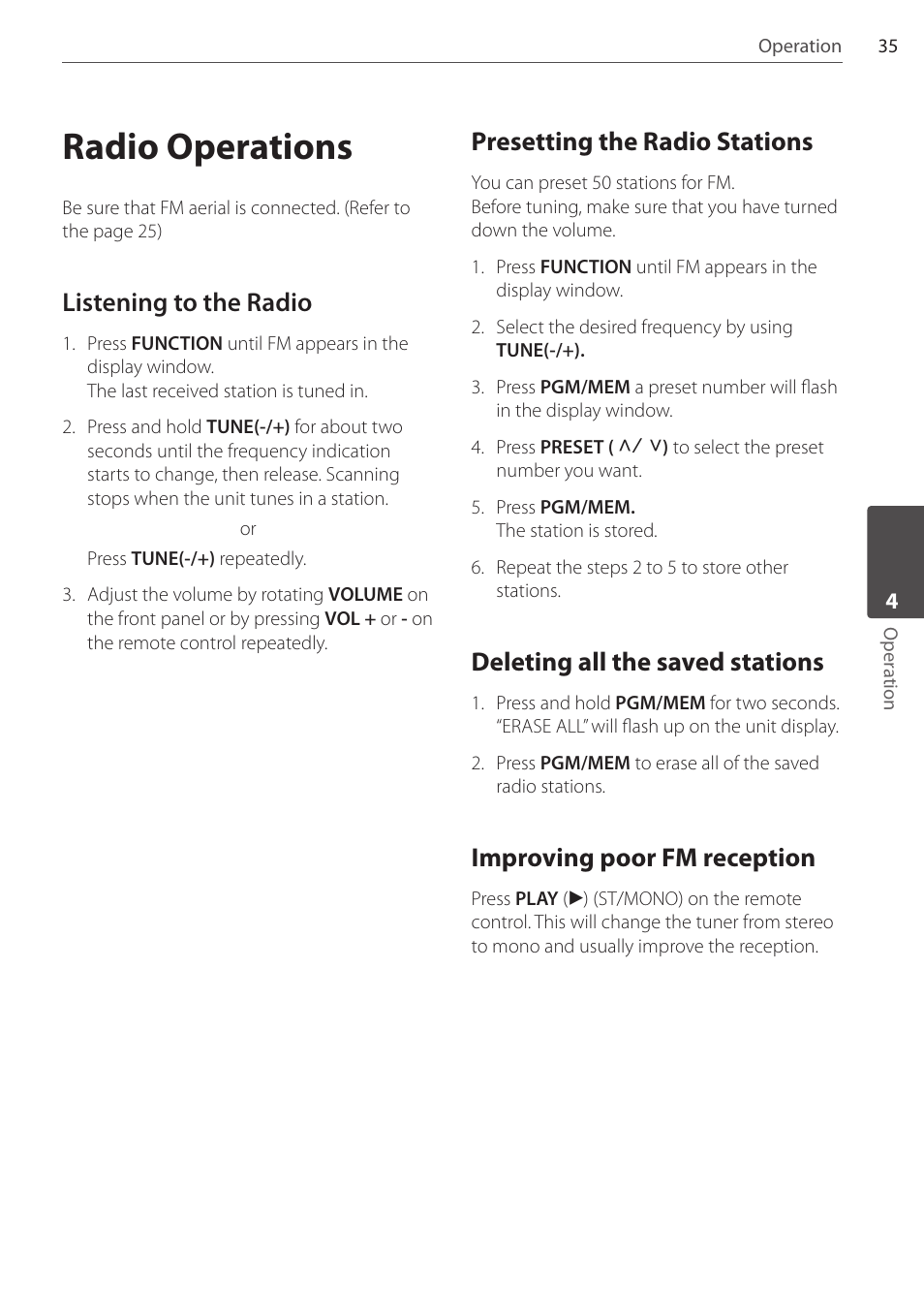 Radio operations, Listening to the radio, Presetting the radio stations | Deleting all the saved stations, Improving poor fm reception | Pioneer DCS-404K User Manual | Page 35 / 48