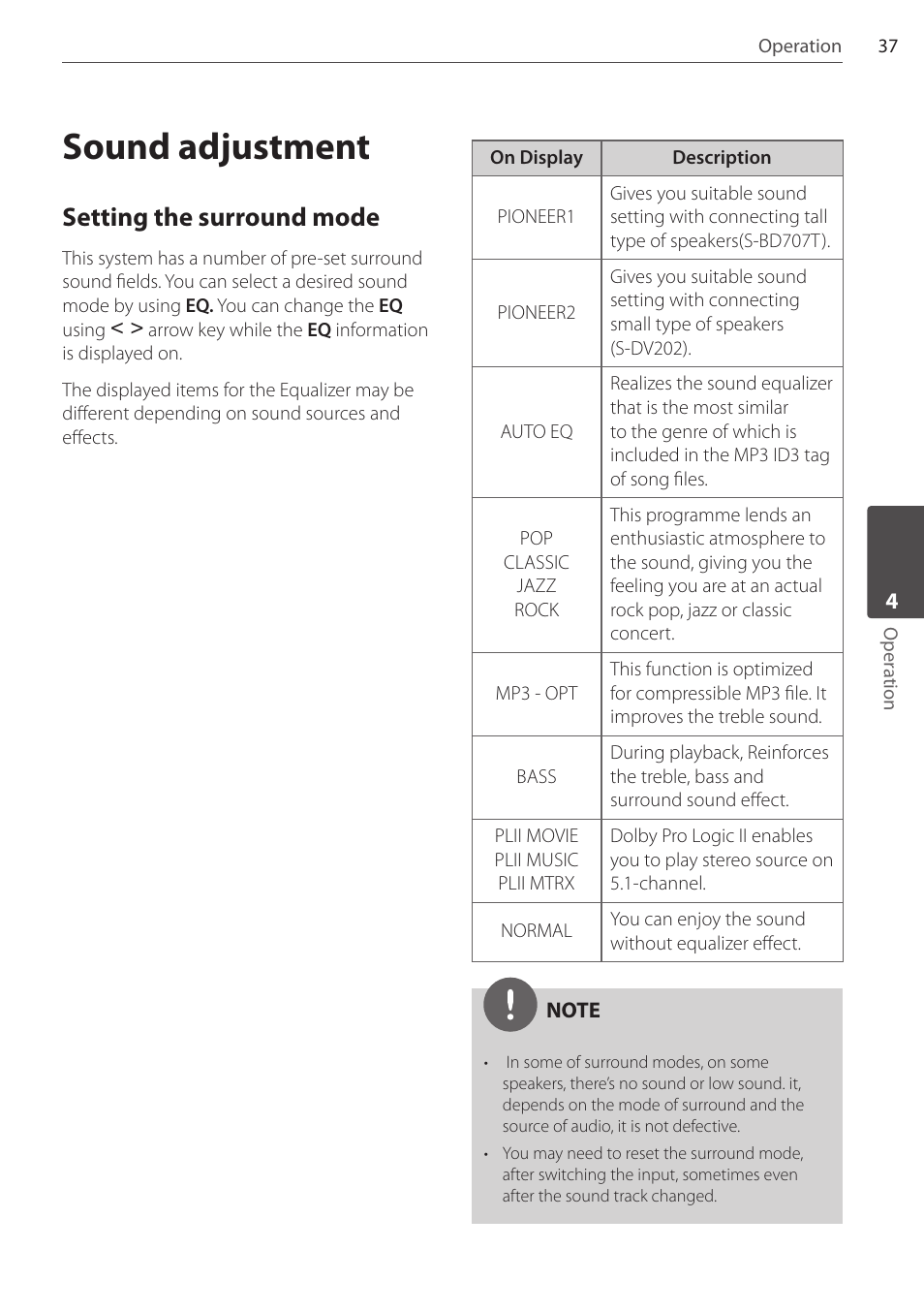 Sound adjustment, Setting the surround mode | Pioneer DCS-404K User Manual | Page 37 / 48