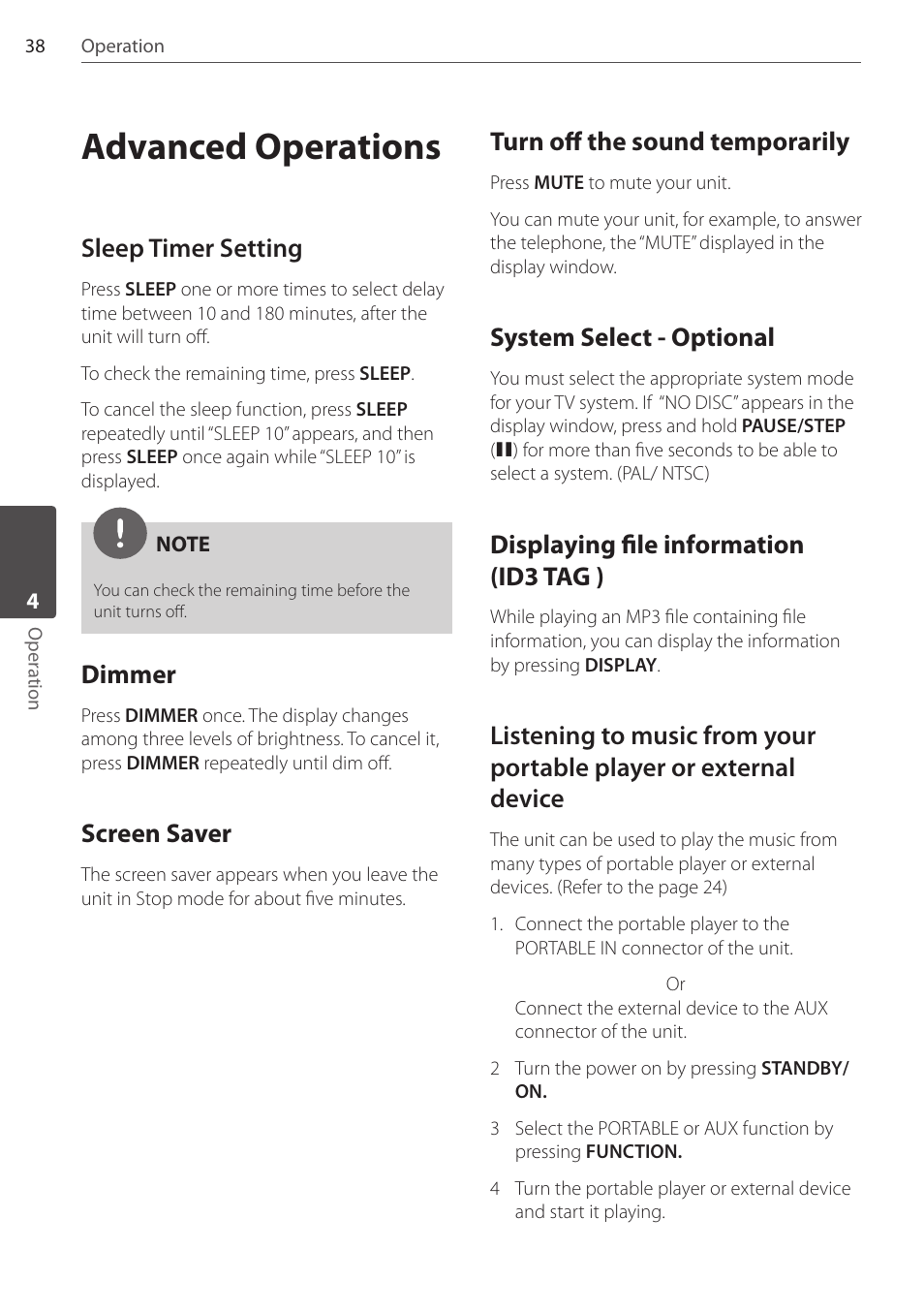 Advanced operations, Sleep timer setting, Dimmer | Screen saver, Turn off the sound temporarily, System select - optional, Displaying file information (id3 tag ) | Pioneer DCS-404K User Manual | Page 38 / 48