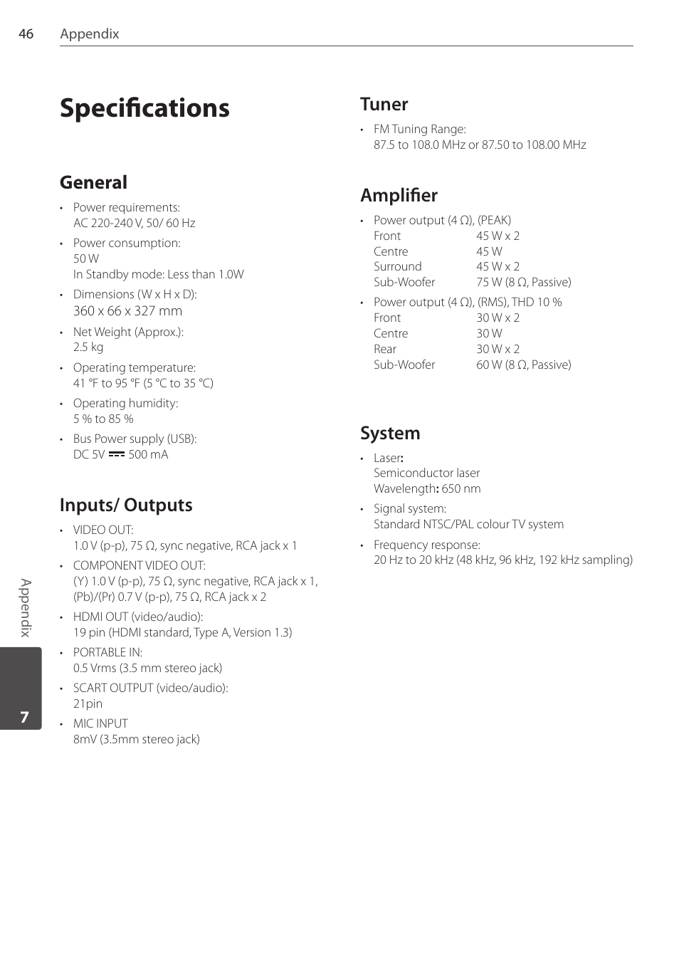 Specifications, General, Inputs/ outputs | Tuner, Amplifier, System | Pioneer DCS-404K User Manual | Page 46 / 48