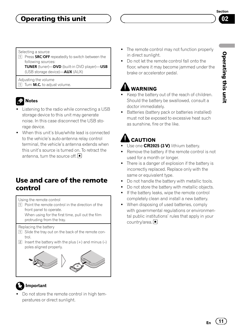 Use and care of the remote control, Operating this unit | Pioneer DVH-3200UB User Manual | Page 11 / 44
