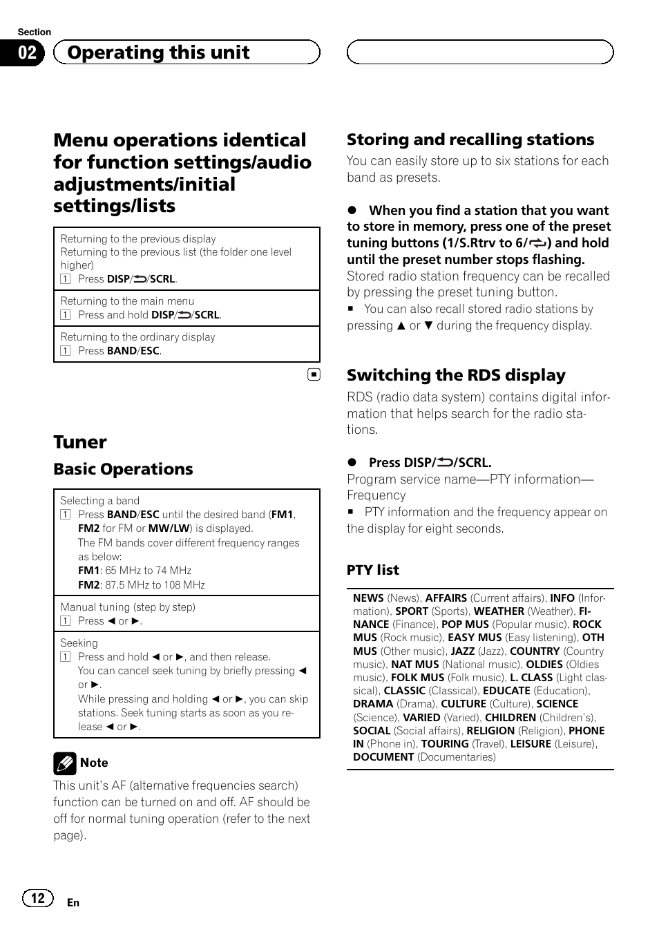 Menu operations identical for function, Settings/audio adjustments/initial settings/ lists, Tuner | Basic operations 12, Storing and recalling stations 12, Switching the rds display 12, 02 operating this unit, Basic operations, Storing and recalling stations, Switching the rds display | Pioneer DVH-3200UB User Manual | Page 12 / 44
