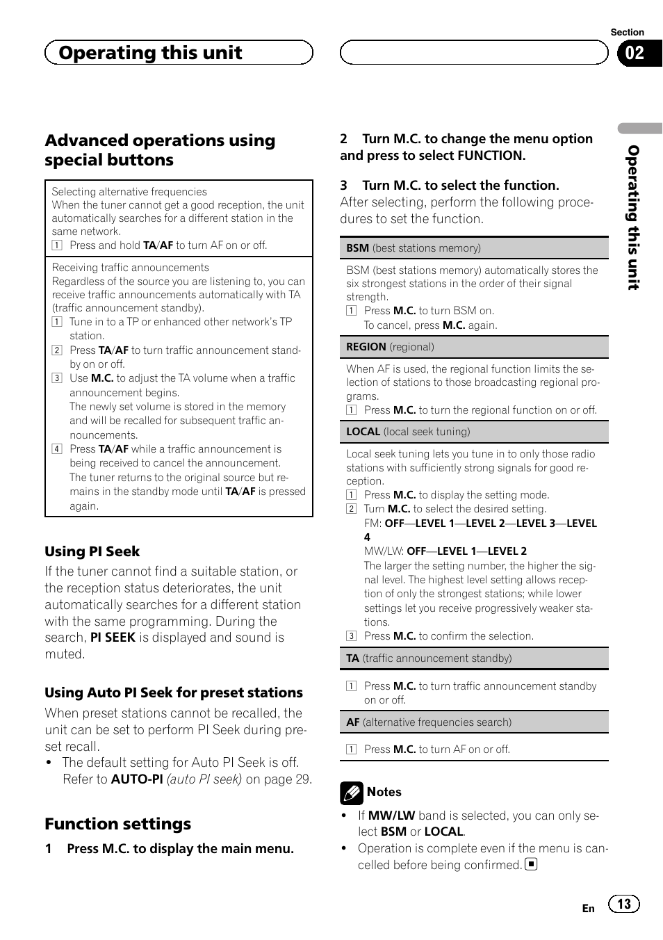 Advanced operations using special, Buttons, Function settings 13 | Advanced operations using special buttons, Function settings, Operating this unit | Pioneer DVH-3200UB User Manual | Page 13 / 44