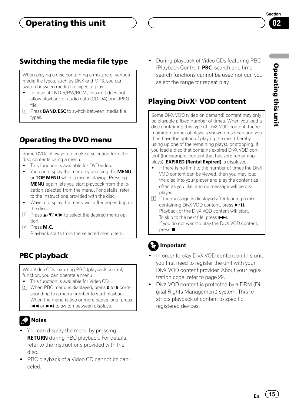 Switching the media file type 15, Operating the dvd menu 15, Pbc playback 15 | Playing divxâ vod content 15, Switching the media file type, Operating the dvd menu, Pbc playback, Playing divx, Vod content, Operating this unit | Pioneer DVH-3200UB User Manual | Page 15 / 44