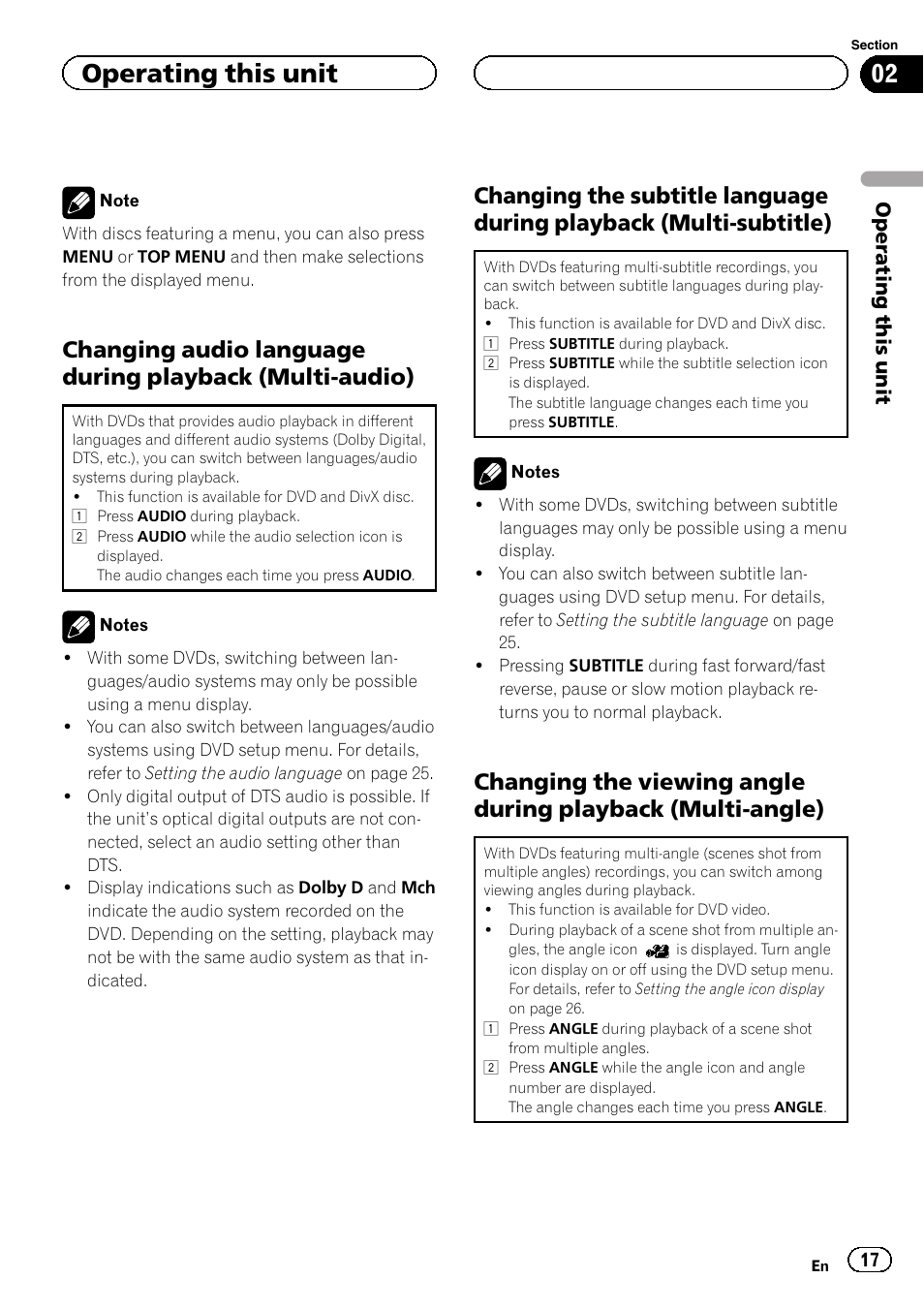 Changing audio language during, Playback (multi-audio), Changing the subtitle language during | Playback (multi-subtitle), Changing the viewing angle during, Playback (multi-angle), Operating this unit | Pioneer DVH-3200UB User Manual | Page 17 / 44
